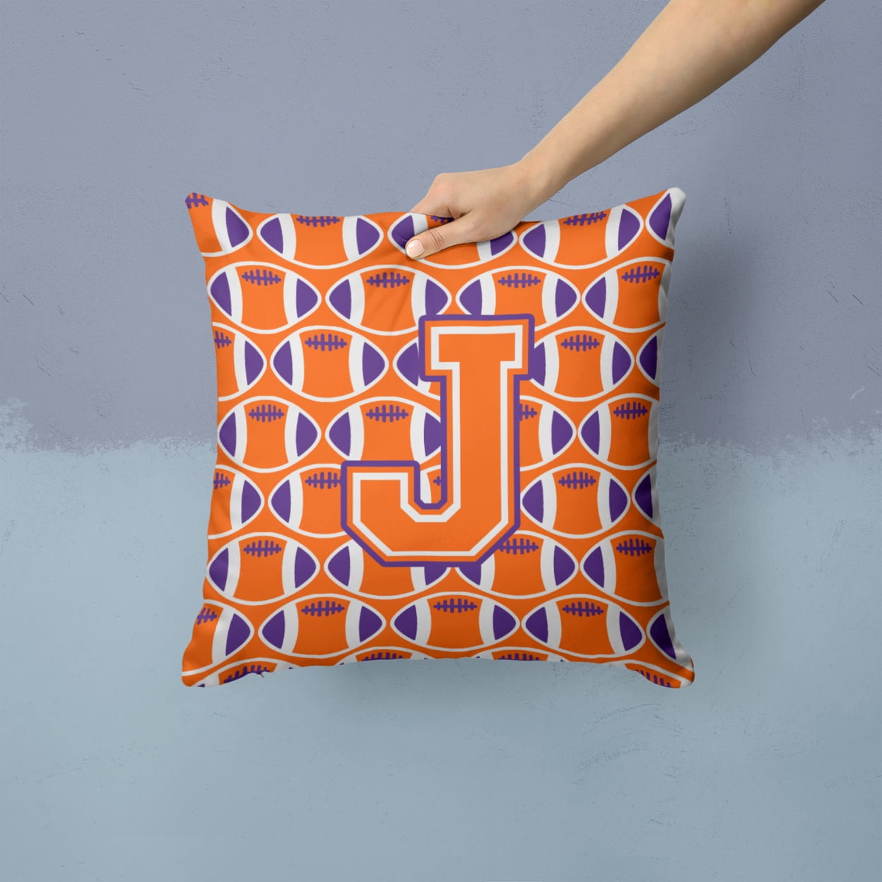 Letter J Football Orange, White and Regalia Fabric Decorative Pillow
