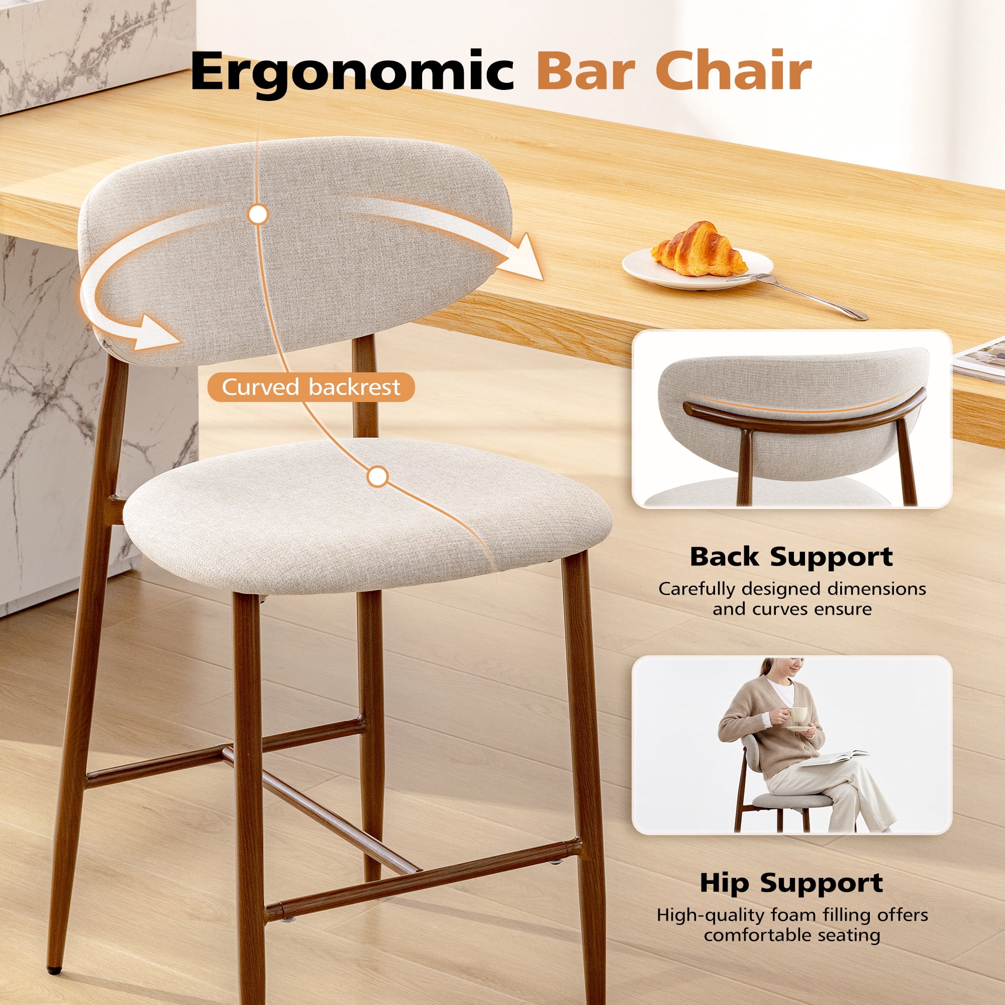 COOLHUT Bar Stool Set of 4, 26" Counter Height Bar Stools with Curved Back, Premium Linen Upholstery Bar Stools with Brass-Toned Metal Footrest for Dining Room, Kitchen Island, Oatmeal