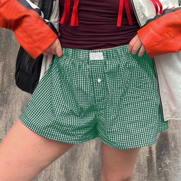 FASHOFT Boxer Shorts for Women Gingham Pajama 2026 Summer Casual Lounge Sleep Plaid Shorts Y2K Beach Bottoms Green L