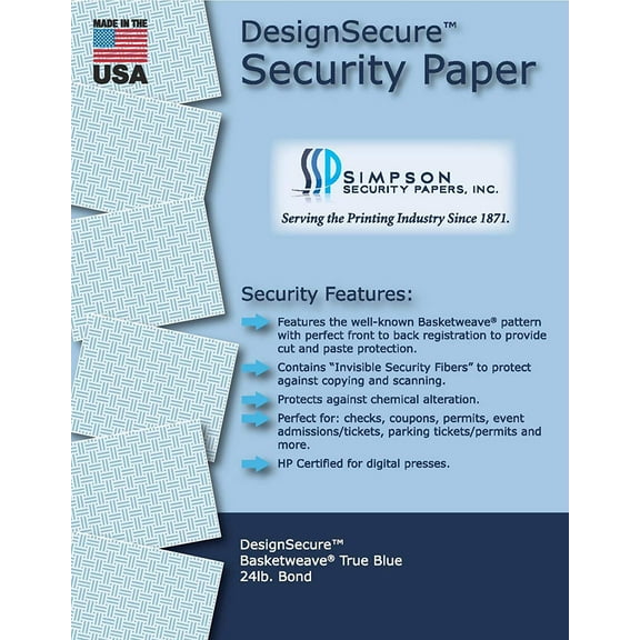 DesignSecure Basketweave True Blue Security Paper 8.5 x 11, 500 Sheets by Simpson Security Papers