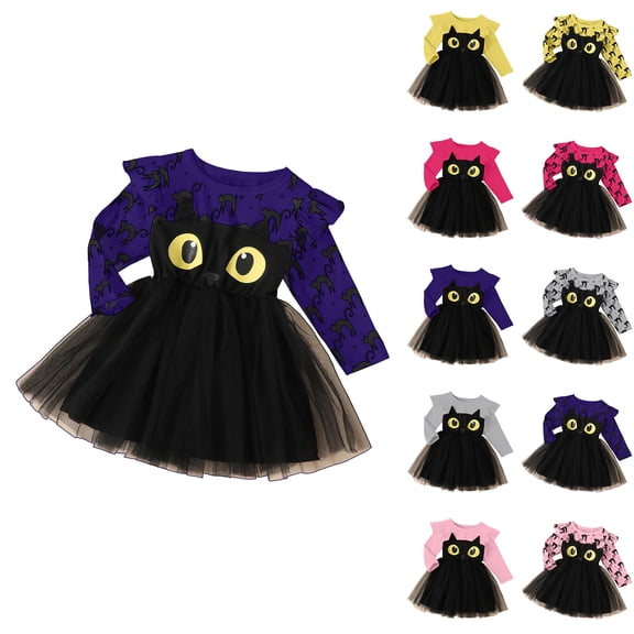 Toddler Cat Long Sleeve Tulle Tutu Dresses Fall Toddler Halloween Dress Halloween Outfits for Toddler Girls 5-6 Years