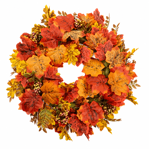 Artificial Maple Leaves Fall Wreath with Berries, Autumn Wreath for Farmhouse Front Door, Harvest Festival Thanksgiving Decor, Orange Red, 20 in