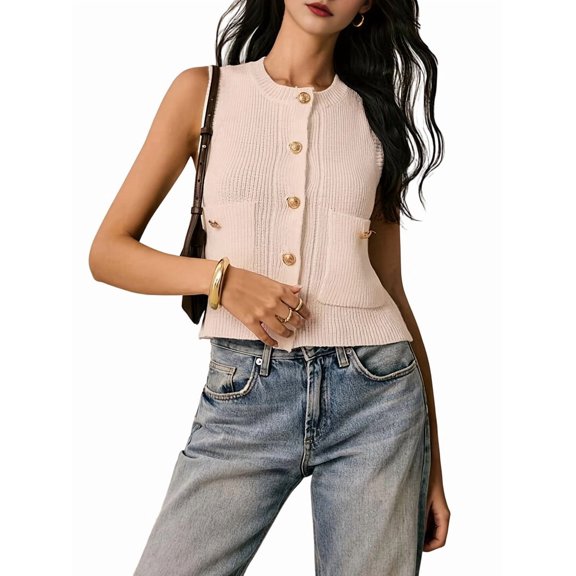 Womens Cropped Sweater Vest Sleeveless Button Ribbed Knit Crew Neck Cardigan Vests Top with Pockets Cream White S