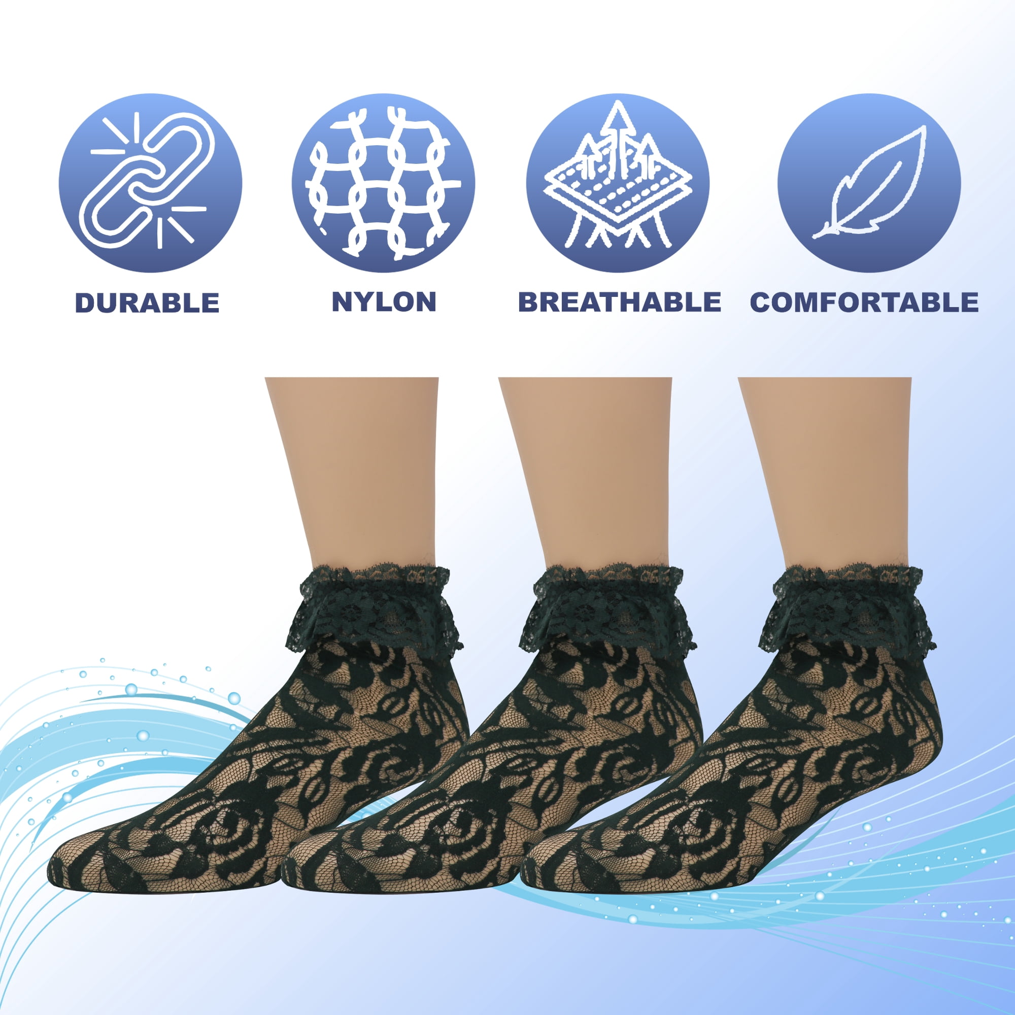 EMEM Apparel Women's Ladies Lace Anklet Ankle Quarter Socks Stockings with Ruffle Hunter Green 9-11