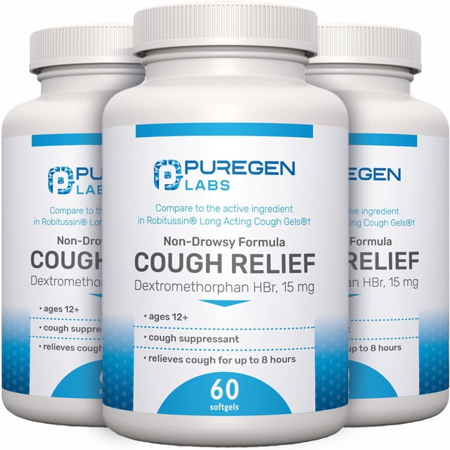 Cough Relief P Puregen Labs Dextrometorfano HBr 15 mg 180 cápsulas blandas