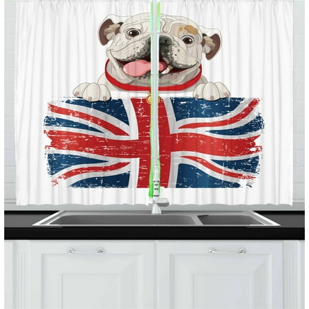 English Bulldog Curtains 2 Panels Set Happy Pet Bulldog Holding A Union Jack Flag Of The Great Britain Window Drapes For Living Room Bedroom 55w X