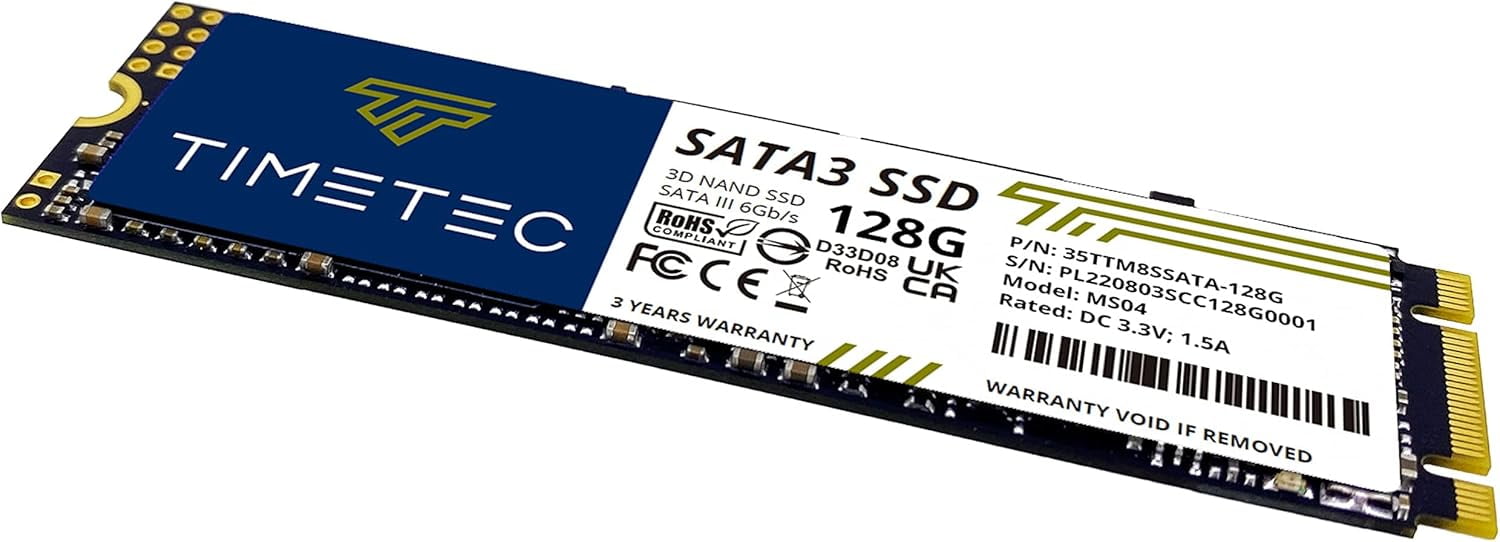 Timetec 128GB SSD 3D and TLC SATA III 6Gb/S M.2 2280 NGFF 64TBW Velocidad de Lectura de hasta 500MB/S SLC Caché Mejora el Rendimiento Unidad Interna de Estado Sólido para Computadora Portátil y de Escritorio (128GB)