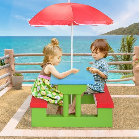 iRerts Picnic Table for Kids Toddlers Boys Girls, Plastic Kids Outdoor Table and Bench Set Toddler Picnic Table, Kids Picnic Table Set with Folding Umbrella for Outdoor Indoor Backyard, Red/Green/Blue