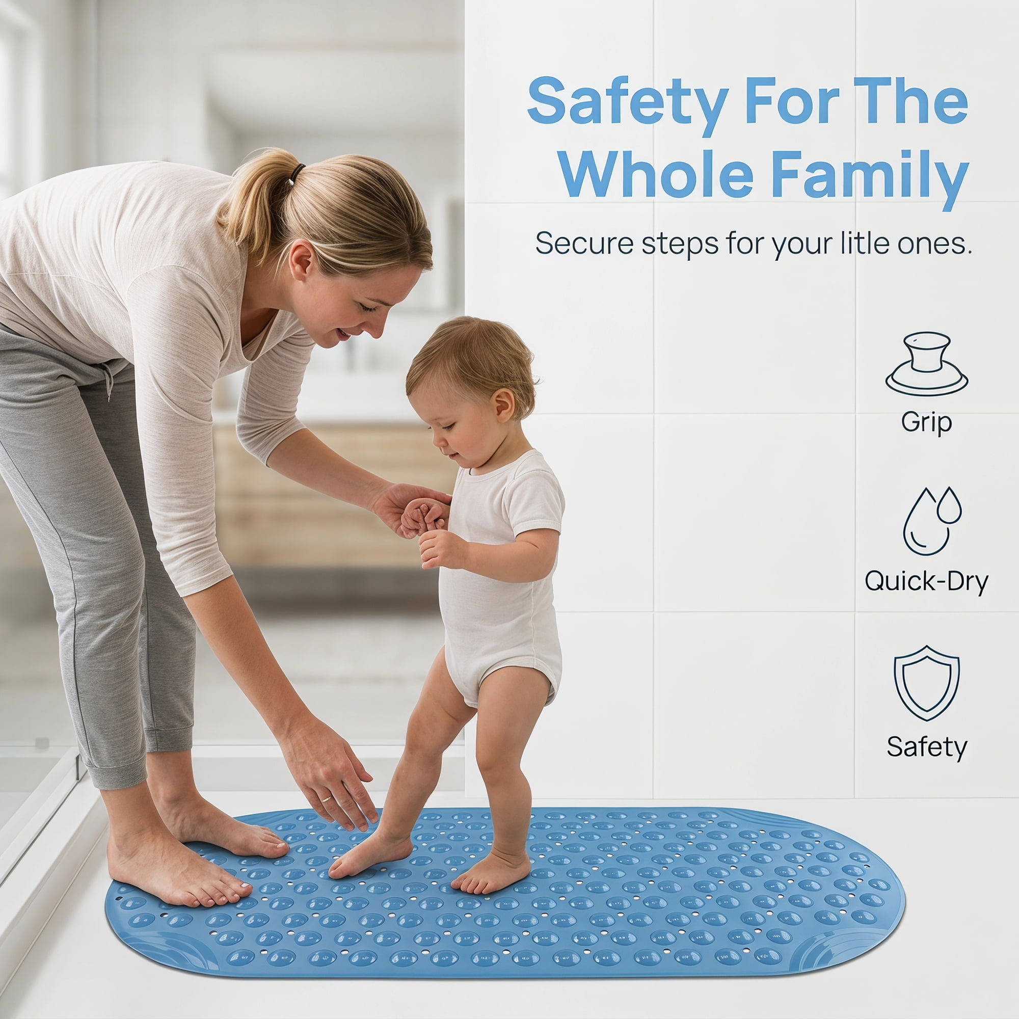 Unique Bargains Bathtub Mat Non-Slip Strong Suction Cups with Drain Holes Blue 35" x 16"