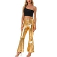 thumbnail image 2 of Allegra K Disco Outfit for Women's Shiny Metallic Wide Leg Pants with Drawstring L Gold, 2 of 5