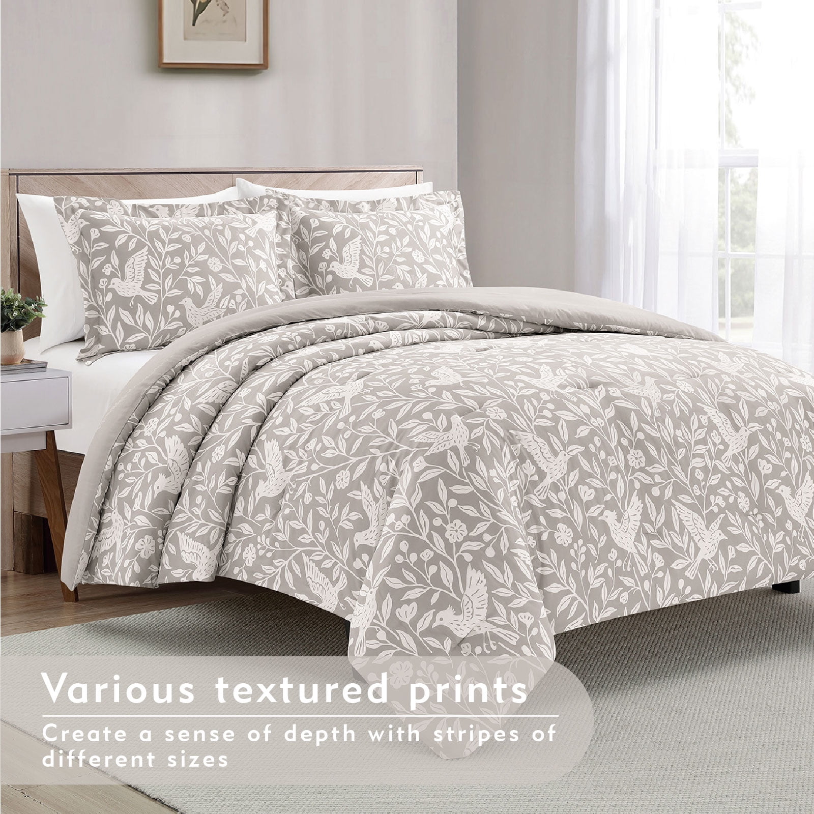 Notticasa 3-Piece Printed Comforter Sets,Gray,Tiwn,Features a Floral and Peacebird Design, Including a Quilt Cover and Pillowcases