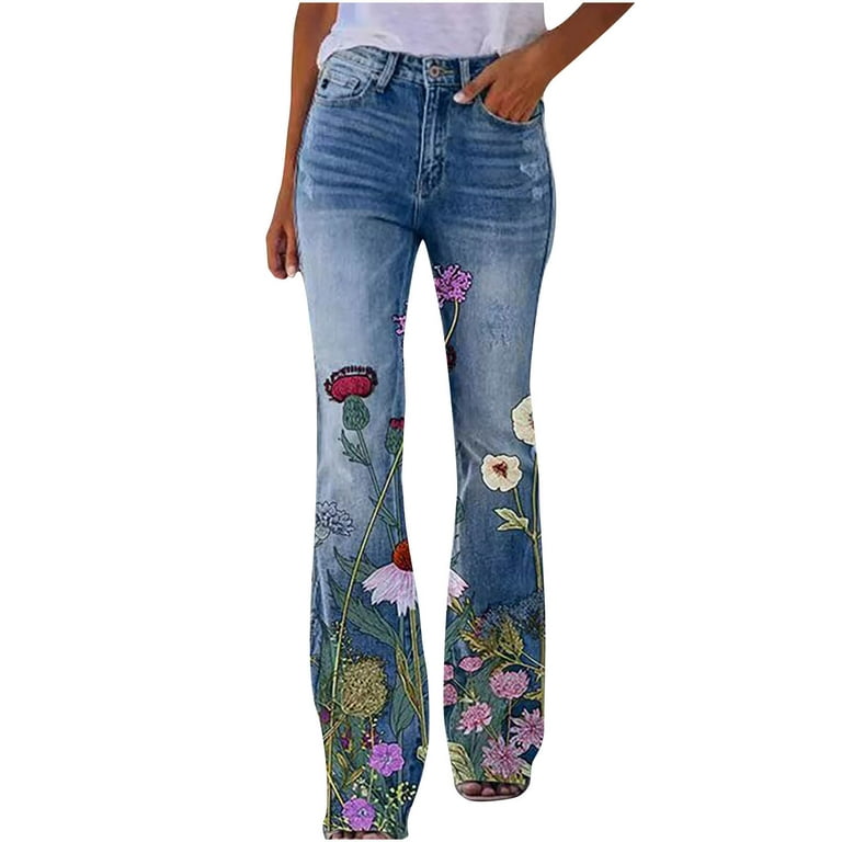 Bell Bottom Jeans for Women Trendy Stretch Skinny Flare Denim Pants  4-Button Floral Print High Rise Bootcut Jeans 