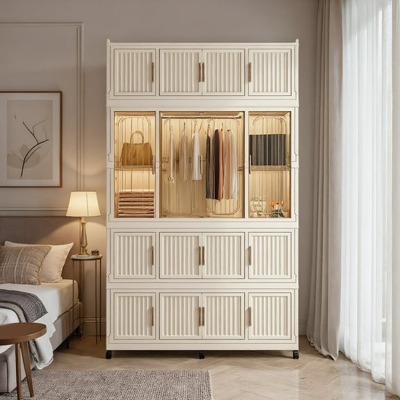 Resenkos Portable Wardrobe Closet Storage Organizer, Clothes Dresser with 16 Magnetic Doors (16 Cubes & 1 Hanging Rod) & 6 Hangers, Cream White