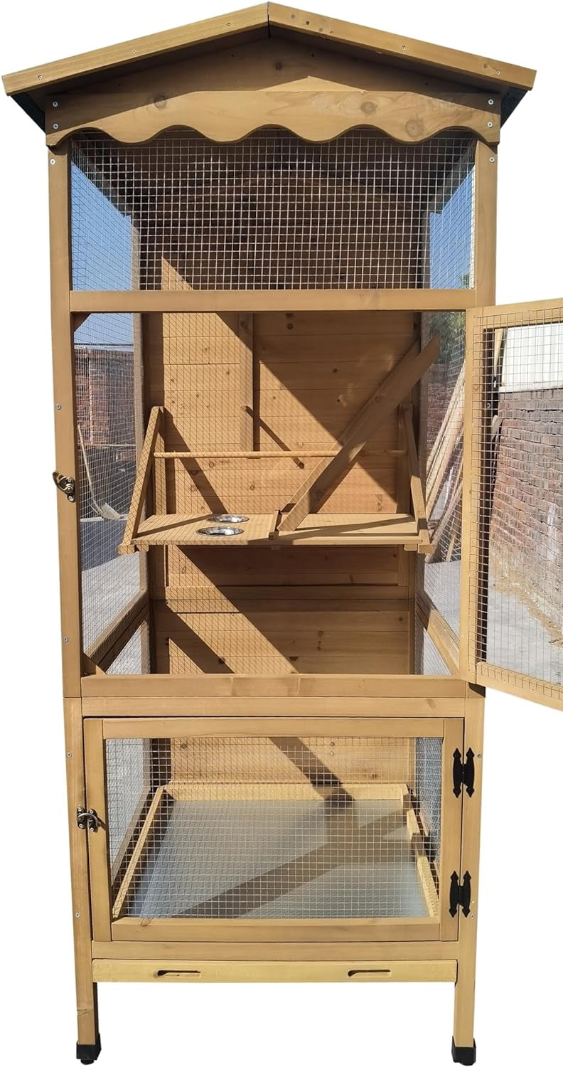 New 70” Large Outdoor Bird Aviary Weatherproof Wooden Indoor Bird Cage Easy Pull Out Clean Tray Asphalt Roof for Finches Doves Parrots Parakeets Canaries Cockatoos Lovebirds Pigeons