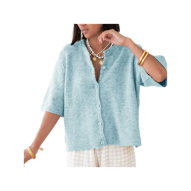 FOCUSNORM Women Autumn Knit Cardigan Half Sleeve Round Neck Solid Color Button Up Knitwear