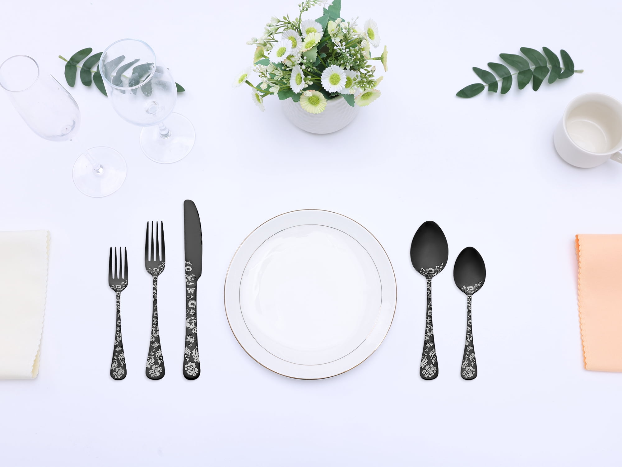 Unique Bargains 30-Pieces Floral Stainless Steel Flatware Set for 6 Black
