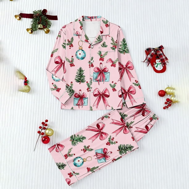 Puyaiuu Women 2 Piece Christmas Satin Pajama Set Cute Print Long Shirt Loose Shorts Matching Set Loungewear Gift