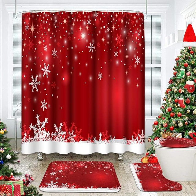 Juego de 4 cortinas de ducha con copos de nieve navideños, color rojo, para invierno, con alfombrillas antideslizantes, tapa de inodoro y alfombrilla de baño, juego de decoración para baño de 72 x 72