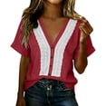 thumbnail image 6 of Uootdi Ladies Casual Shirts Plain Hollow Out Placket V Neck Short Sleeve Linen Shirt Soft Breathable Daily Wear Blouses Gift, 6 of 9