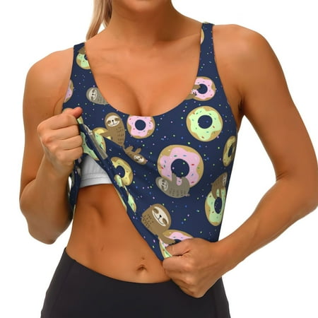Qokaie Sloth with Donuts Pattern Womens Scoop Neck Sports Bra Breathable Workout Vest Padded U Back Medium Impact Fitness Gym Yoga Bra Workout Crop Top