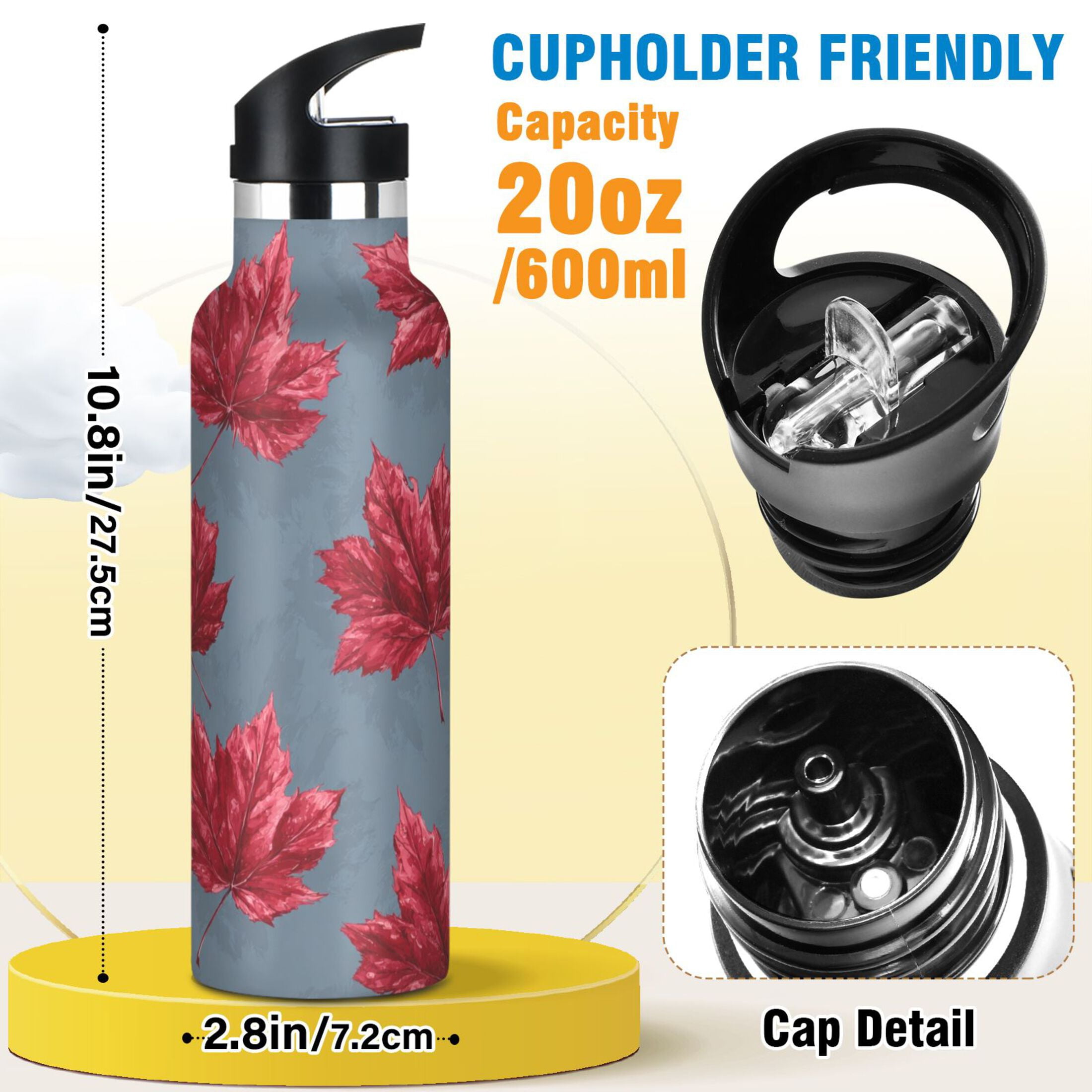 600ML Stainless Steel Insulated Cup Sports Water Bottle Portable Thermos Cup Water Glasses Insulated Tumblers Convenient and Durable Red Maple Leaf Cute