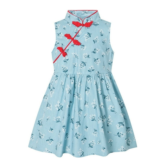 Povozer Todder Girls Chinese Outfit New Year Dresses with Tray Button Baby Cheongsam(Blue,4-5Y)