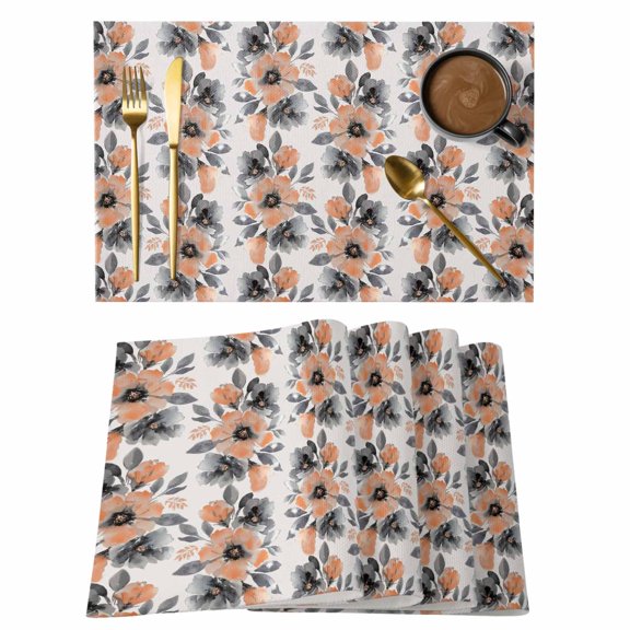 Orange Floral Placemats Set of 4, Abstract Watercolor Flower Leaf Plant Placemats for Dining Table, Place Mats for Kitchen Tabletop, Waterproof Wipeable Dining Table Mats Set