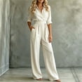 thumbnail image 4 of Wenini Women's Lapel Collar Button Cotton Linen Jumpsuit 3/4 Sleeve Wide Leg Solid Jumpsuit with Belted Waist, 4 of 6