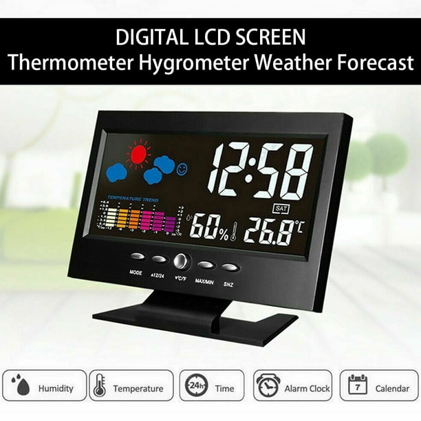 Reloj meteorológico con pantalla digital inteligente, medidor de temperatura y humedad inalámbrico con calendario, reloj despertador de pantalla grande