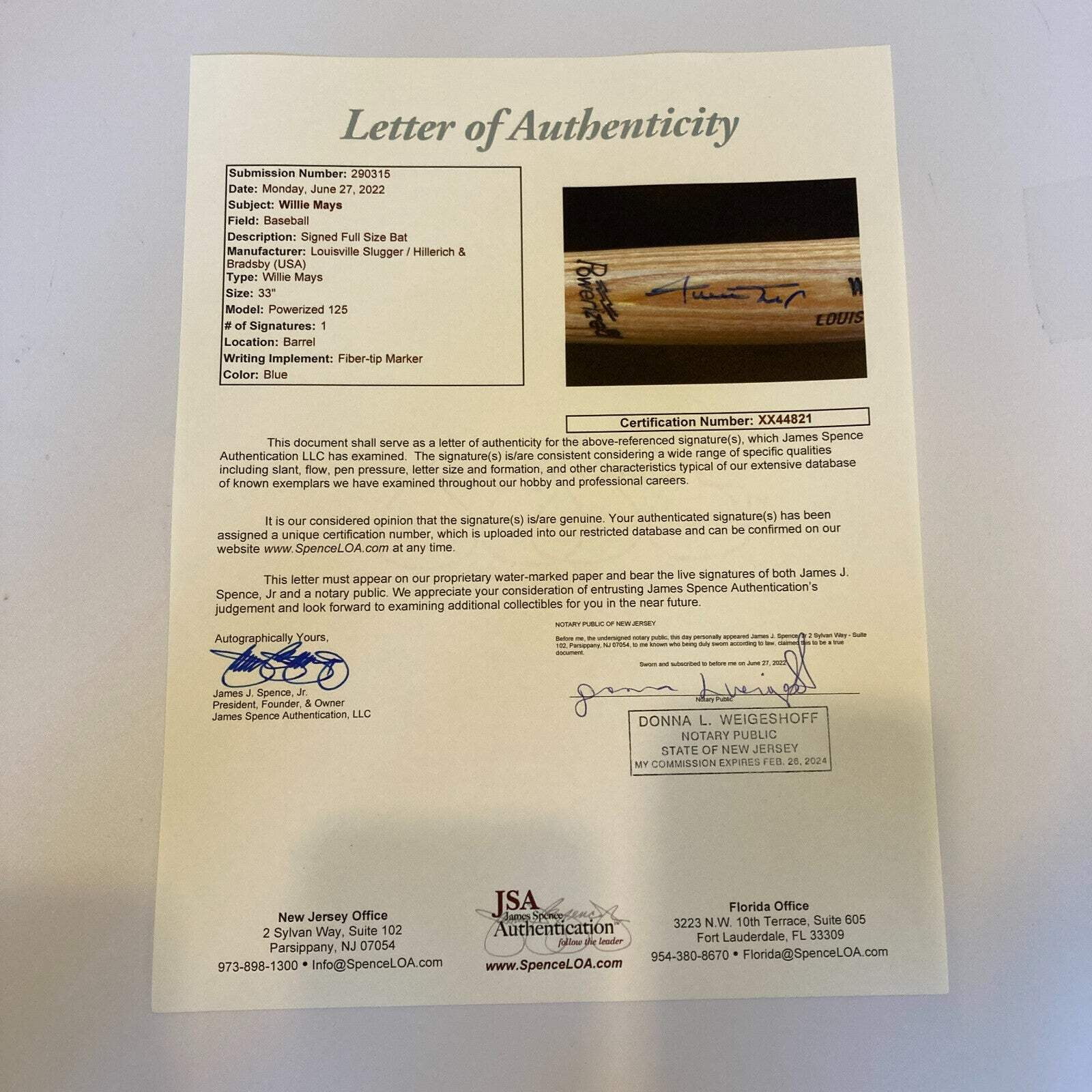Willie Mays Signed Louisville Slugger Game Model Baseball Bat With JSA COA
