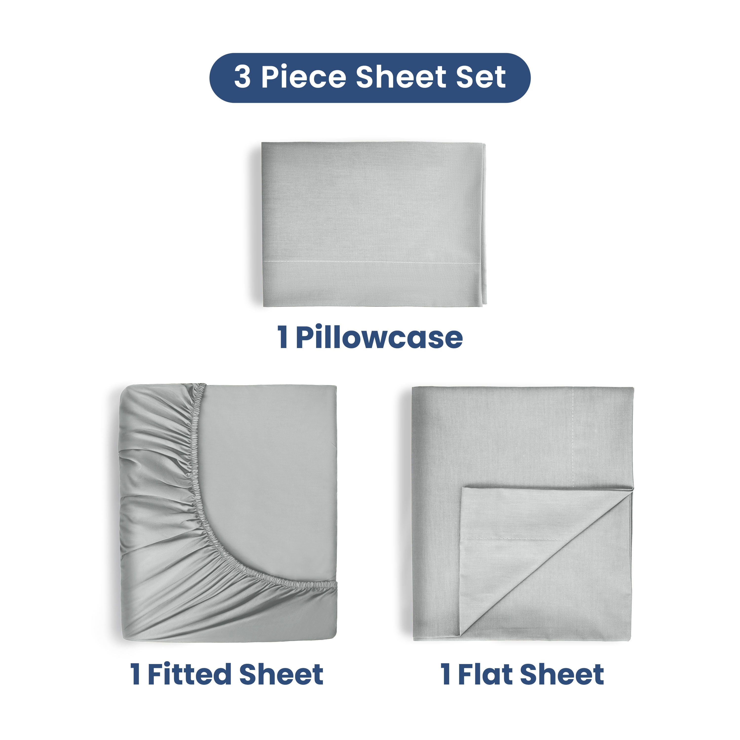 Soft Lightweight 400TC 100% Cotton Sateen Bed Sheet Set – 3-Piece Twin – Light Grey