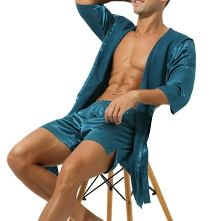 

Men Hooded Loose Satin Silk Bathrobe Pajamas Sleepwear Gown Bath Robe Nightwear