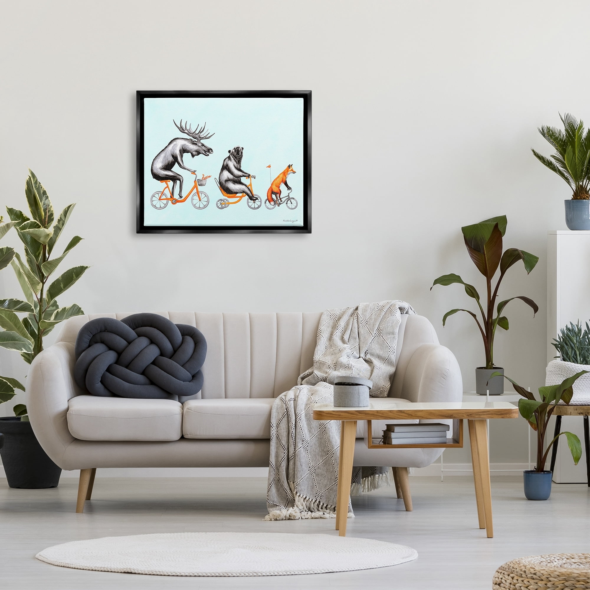 Stupell Industries Wildlife Animals Riding Bikes Moose Bear Fox Graphic Art Jet Black Floating Framed Canvas Print Wall Art, Design by Amelie Legault