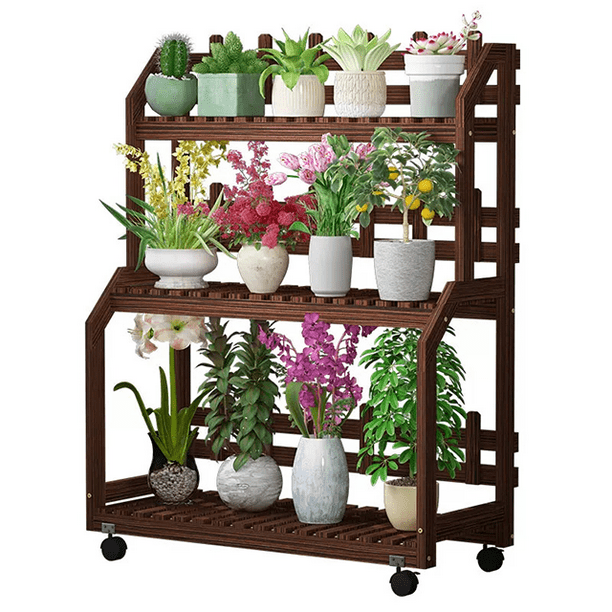 Magshion Rolling Flower Rack Wood Plant Stand with Wheels, 3Tier