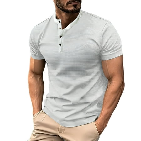USNSM Mens Short Sleeve Sports Shirt Breathable Band Collar Golf Tshirts Summer Casual Work Tops Lightweight Breathable Clothes White L