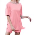 thumbnail image 3 of Conjunto de Dos Piezas para Mujer, Ropa de Verano 2025, Camisetas Extragrandes con Cuello en V, Pantalones Cortos Estilo Motero, Ropa de Estar Cómoda Rosa S, 3 of 9