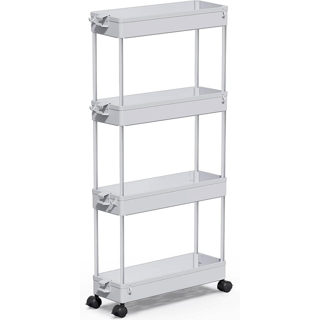 LLMRR 4 Tier Slim Rolling Cart, Rolling Storage Cart with Lockable Wheels, Bathroom Storage Cart, Mobile Shelving Unit Cart, Storage Organizer for Kitchen Bathroom, Gray