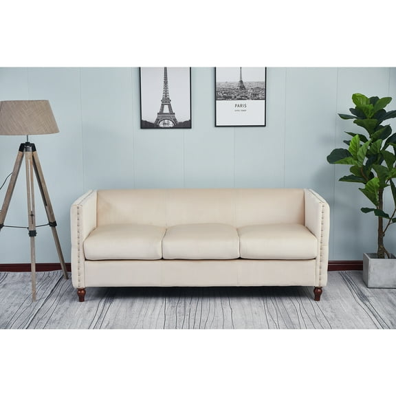 Velvet Sofa Nailhead Living Room Couch - Beige Modern Sofa