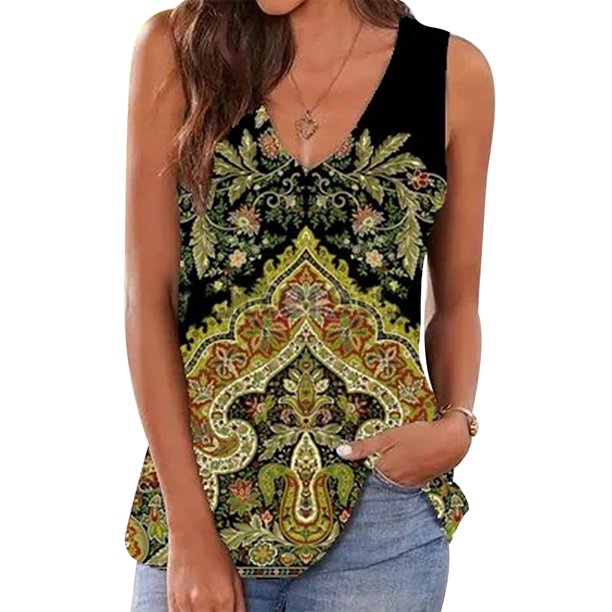 Qarigey Camiseta sin mangas con cuello en V sin mangas con estampado bohemio para mujer Prendas para la parte del cuerpo Verde 3XL Qarigey AP002039-06