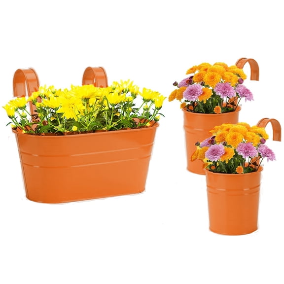 3 Pack Railing Planter with Drainage,Bucket Pots for Garden Railing,Metal Iron Hanging Flower Pots,with Removable Hook,for Indoor Outdoor Garden Home Decor (Orange)