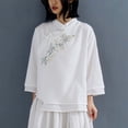 thumbnail image 6 of thefmos Women's Mandarin Collar Embroidered Blouse 3/4 Sleeve Solid Color Casual Top Trendy Spring Fall Outfit, White M, 6 of 6