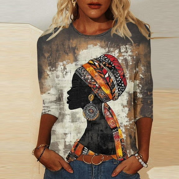 QUNYINEY Women's T-Shirts Kwanzaa Crewneck 3/4 Sleeve Tops Loose Fit Pullover Holiday Graphic Tees