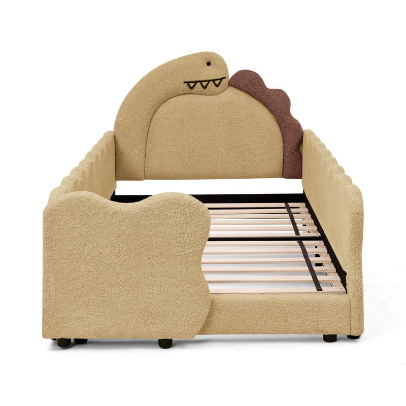 Twin Size Upholstered Platform Bed with Dinosaur Shaped Headboard, Boucle Fabric Kids Bed with Slats Support, Space-Saving Daybed for Girl, Boy, Teenager