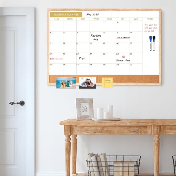 Calendar Whiteboard with Cork Board, 36"x24" Wood Frame Dry Erase Calendar for Wall, Magnetic Monthly Combination Board for Home, Office, School, Kitchen, Beige