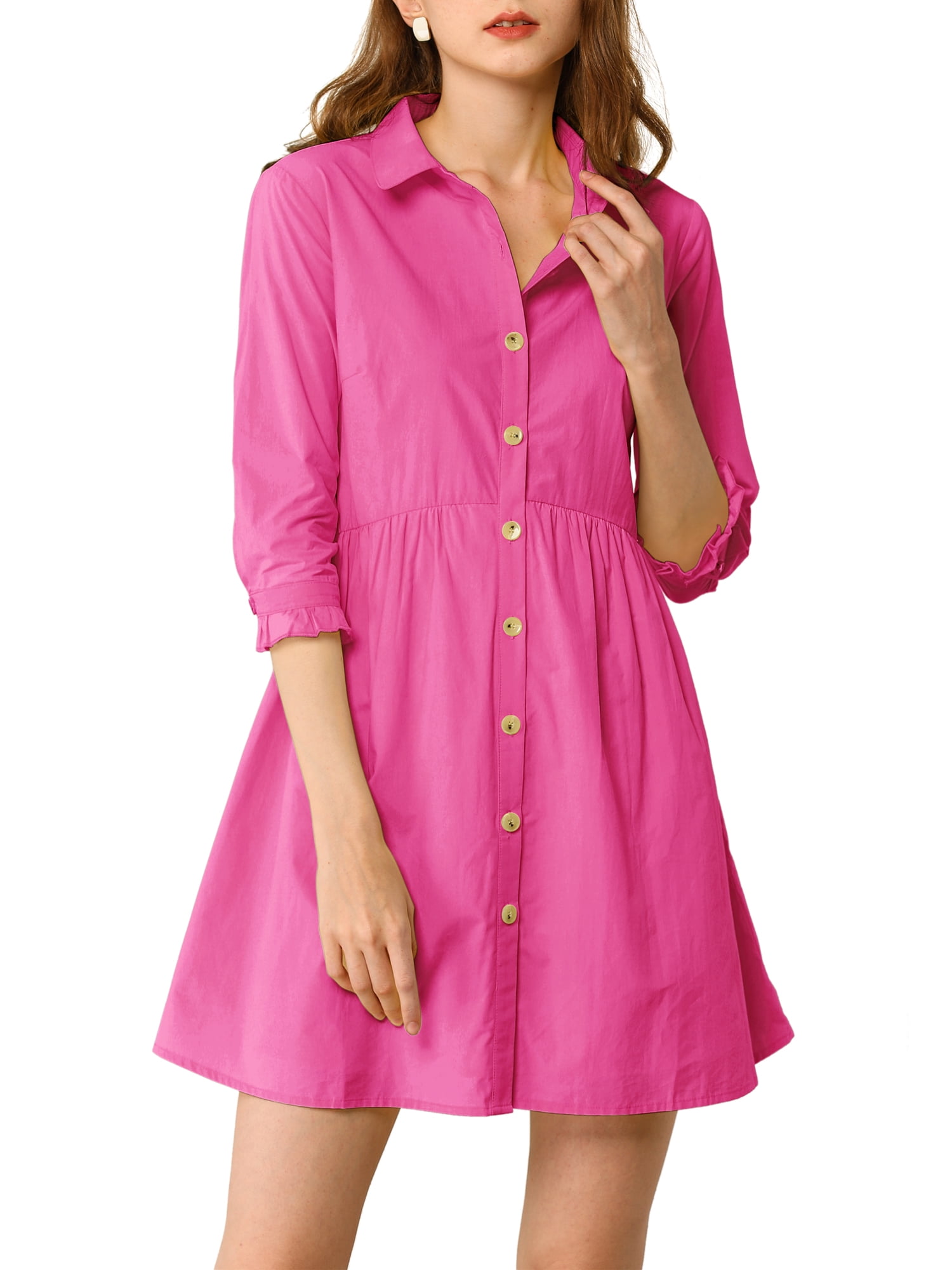 DARING DIVA Elegant Collar Flare 3/4 Sleeve Button Mini Shirt Dress L Fuchsia