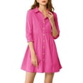 thumbnail image 1 of Vestido de camisa para mujer Inspire Chic de manga 3/4, con botones, mini vestido en fucsia, talla L, 1 of 7