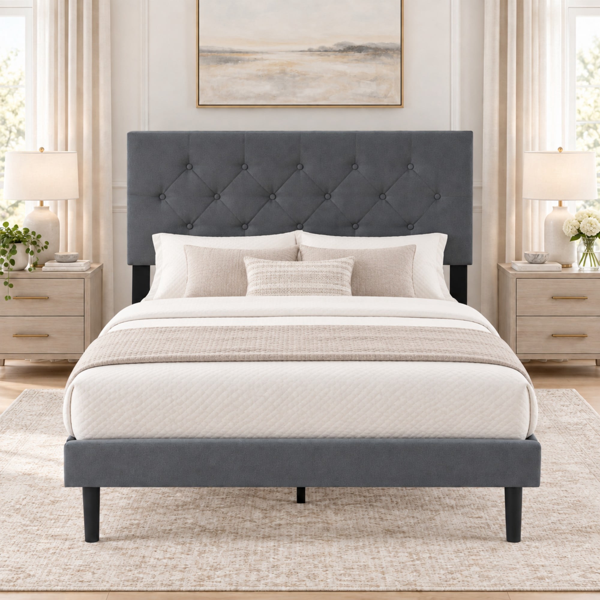 BSHTI Full Size Linen Platform Bed Frame with Adjustable Upholstered Headboard, Wood Slats, No Box Spring Needed for Bedroom（Dark Grey）