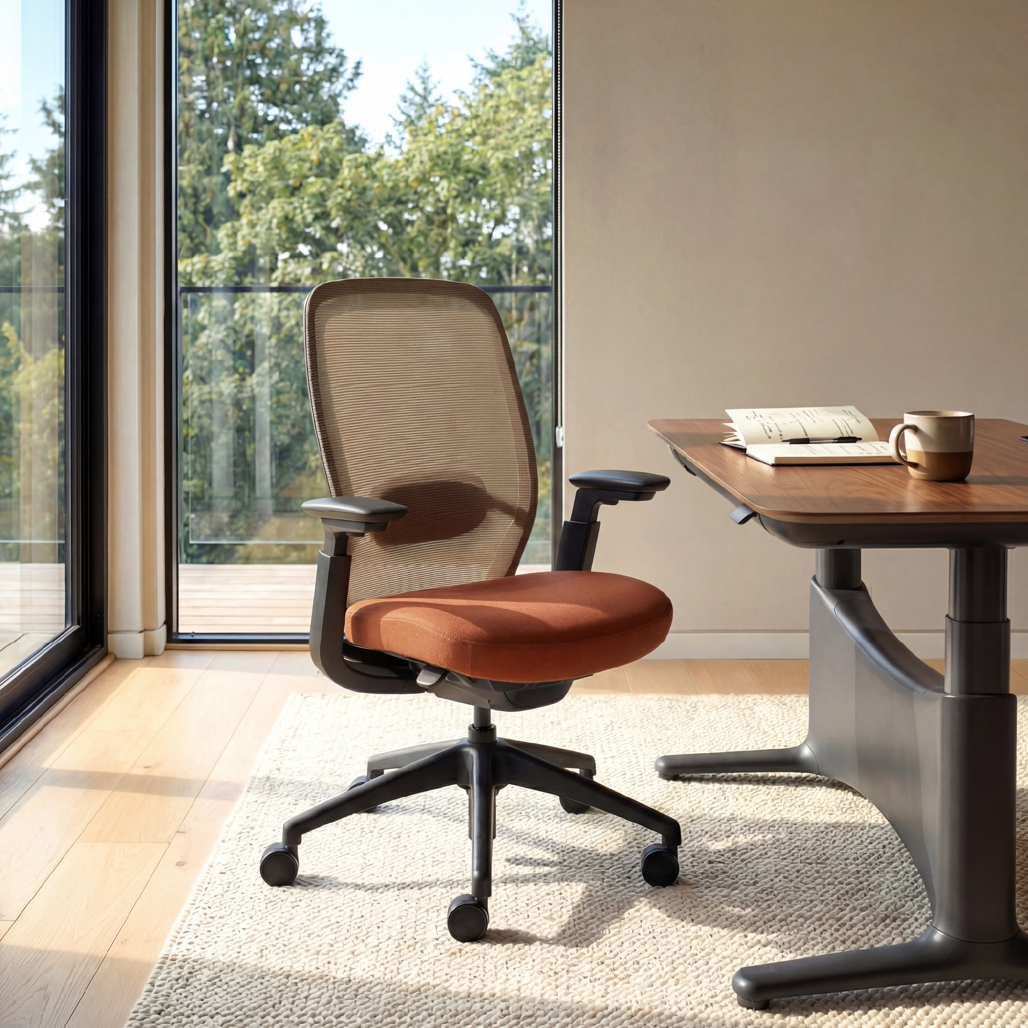 COLAMY Aether Ergonomic Mesh Office Chair, One-Touch Easy Adjust Managerial Desk Chair with Levitating Seat Cushion & Pilot-Level Sync Armrests, 300 LBS Mid Back Mesh Computer Chair, Orange