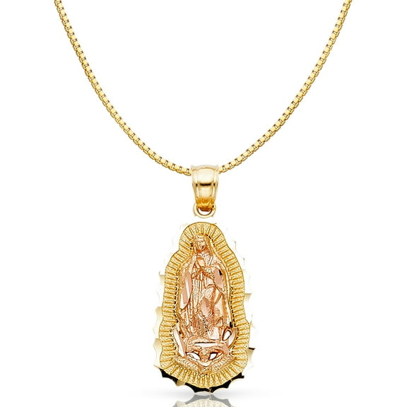 14K Two Tone Gold Religious Our Lady of Guadalupe Charm Pendant with 0.8mm Box Chain Necklace - 16"