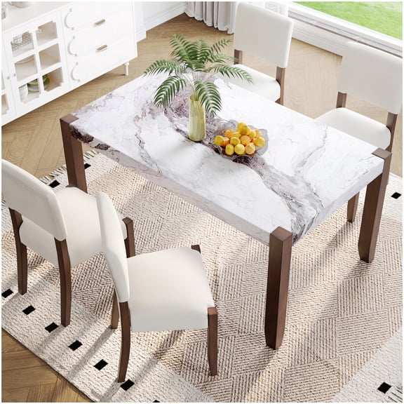 46 Inch Dining Table Set with 4 Chairs, Upholstered Seat and Curved Back, Solid Wood Legs, Easy Clean Faux Marble Top, White and Beige Dinette